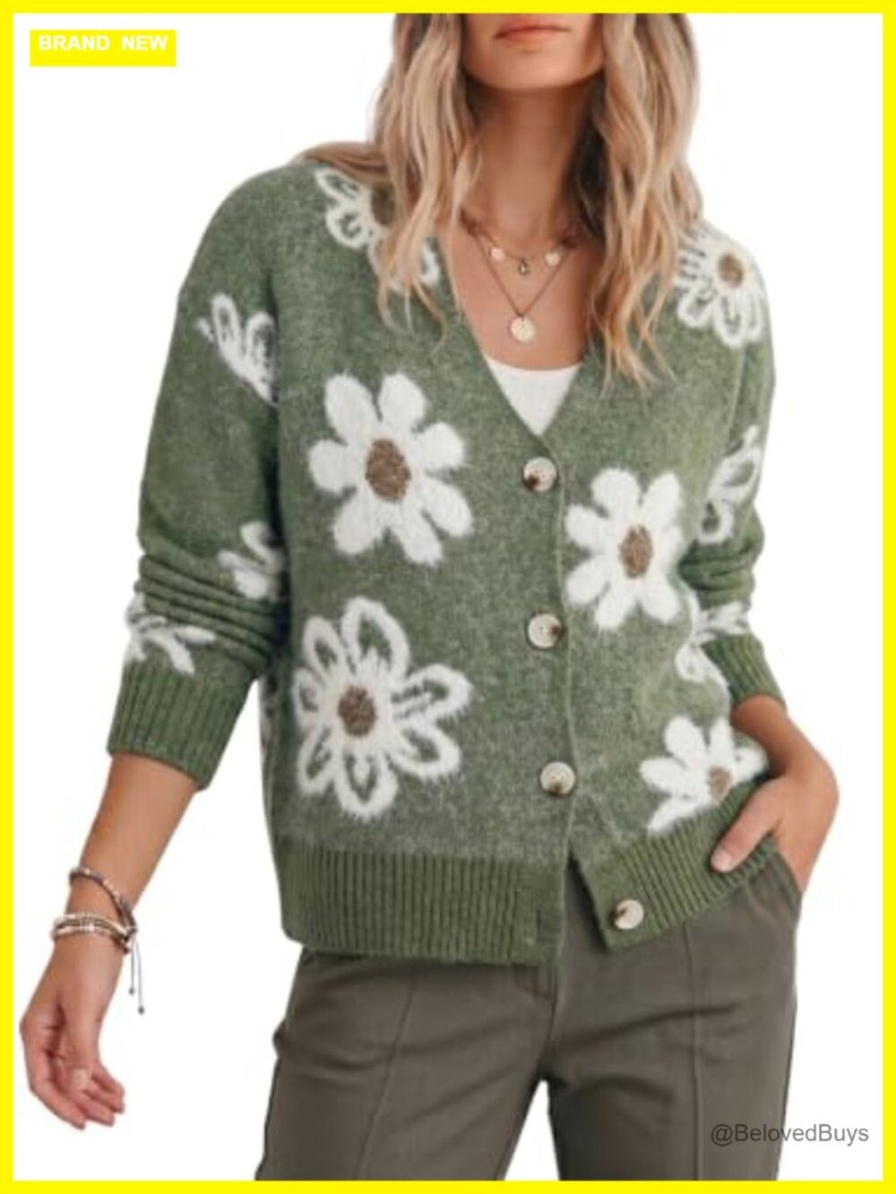 Fuzzy Floral Knit Cardigan Sweater Open Front Button Women's